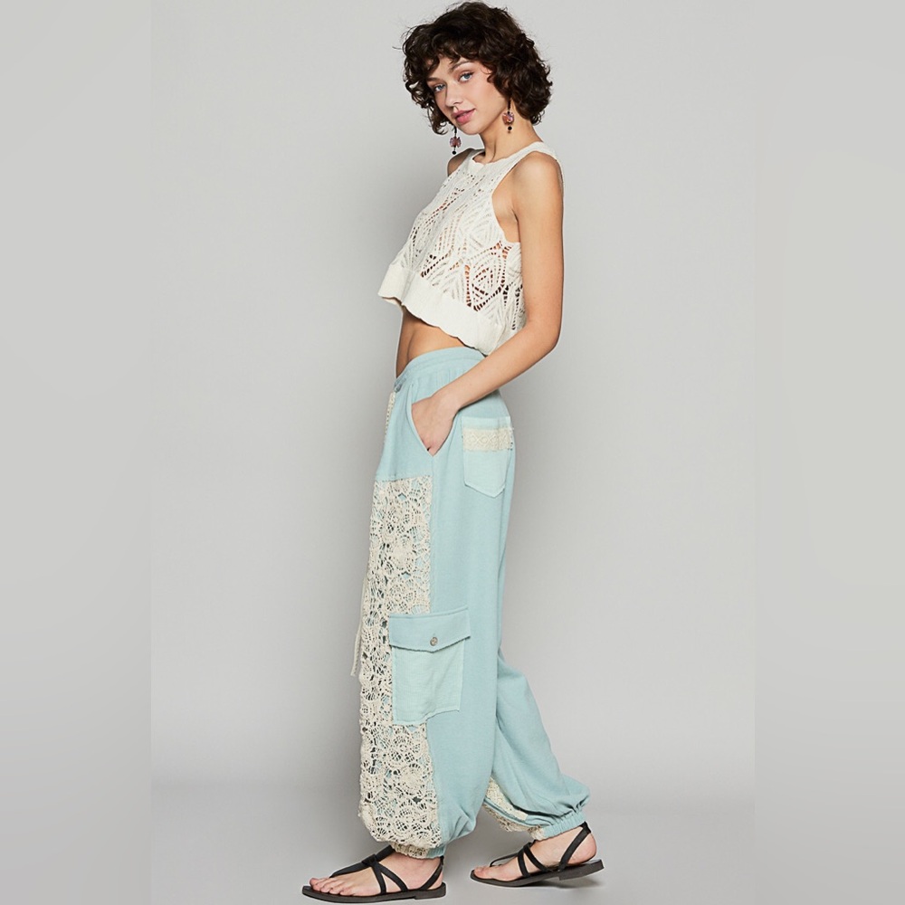 POL lace pants boho joggers teal blue green pockets drawstring - Picture 8 of 9